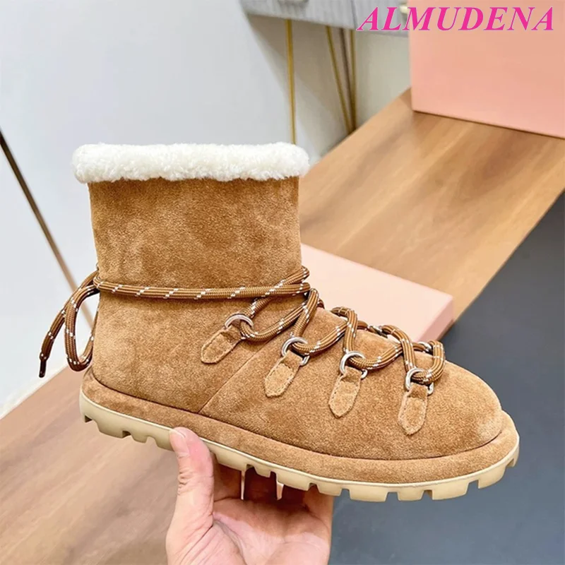 Black/Brown Flats Lace up Snow Boots Women's Suede Fur Winter Warm Round Toe Soft Booties Luxury Designer Causal Dress Shoes