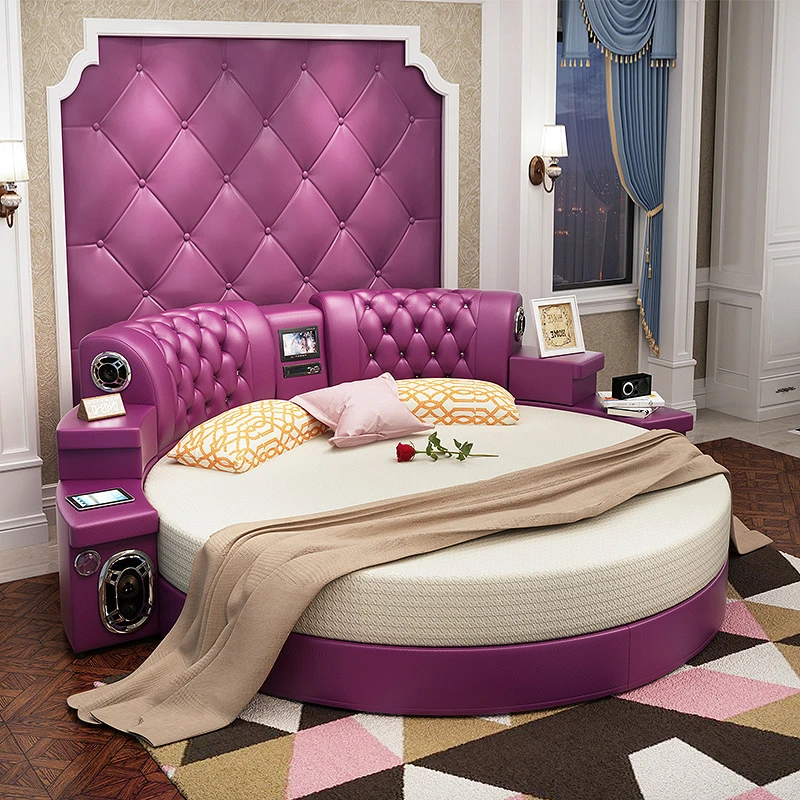 &Custom King Size Double Leather Round Bed Set Woood Frame Bedroom Furniture Multifunctional Smart Luxury Bed