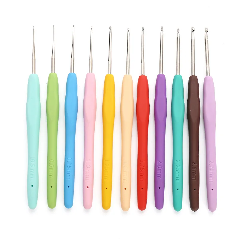 10pcs/set Crochet Hooks Kits Colorful TPR Soft Handle Aluminum Fine Head Lace Crochet Hook Yarn Weave Knitting Needles DIY Tools