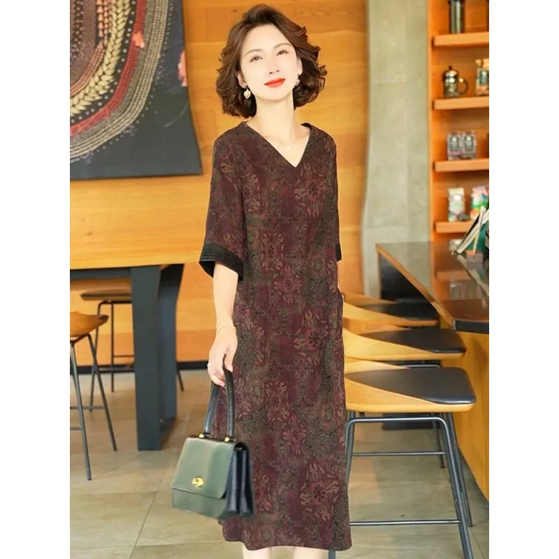 Women's Mulberry Silk Midi Dress V-Neck Three-Quarter Sleeve Floral Print Loose Tummy Control Elegant Dress For Mature
