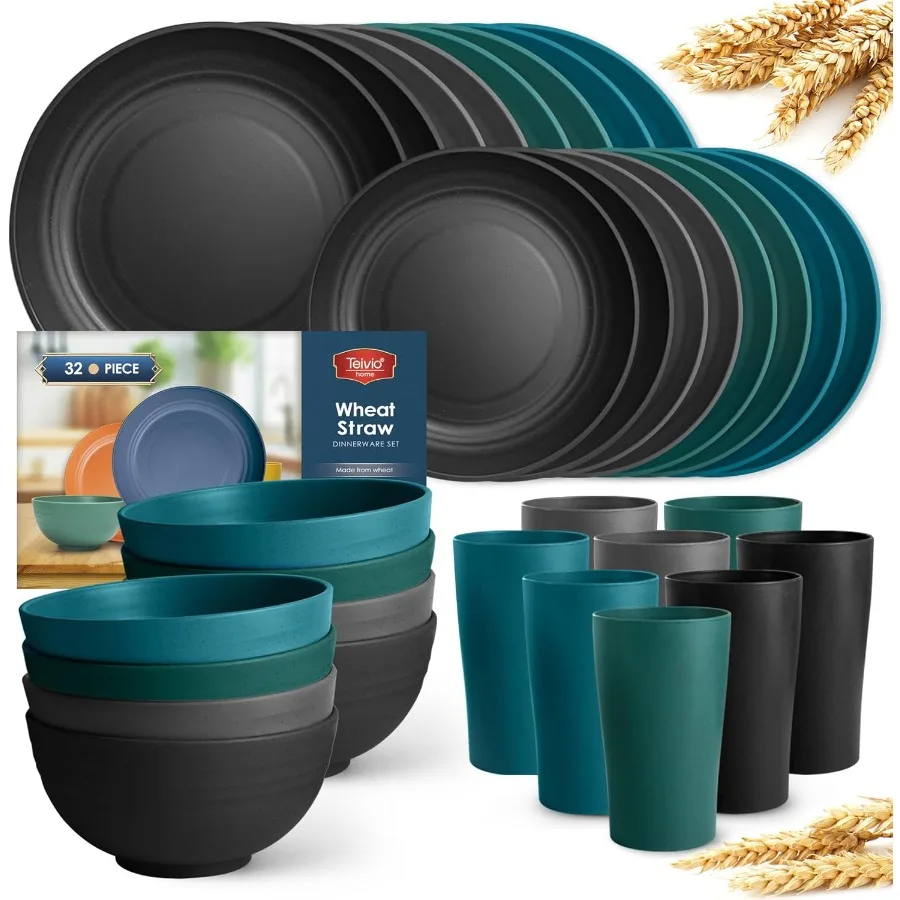 

32Piece Kitchen Plastic Wheat Straw Dinnerware Set Service for 8 Includes Dinner Plates Dessert Plate Cereal Bowls Cups Unbreak