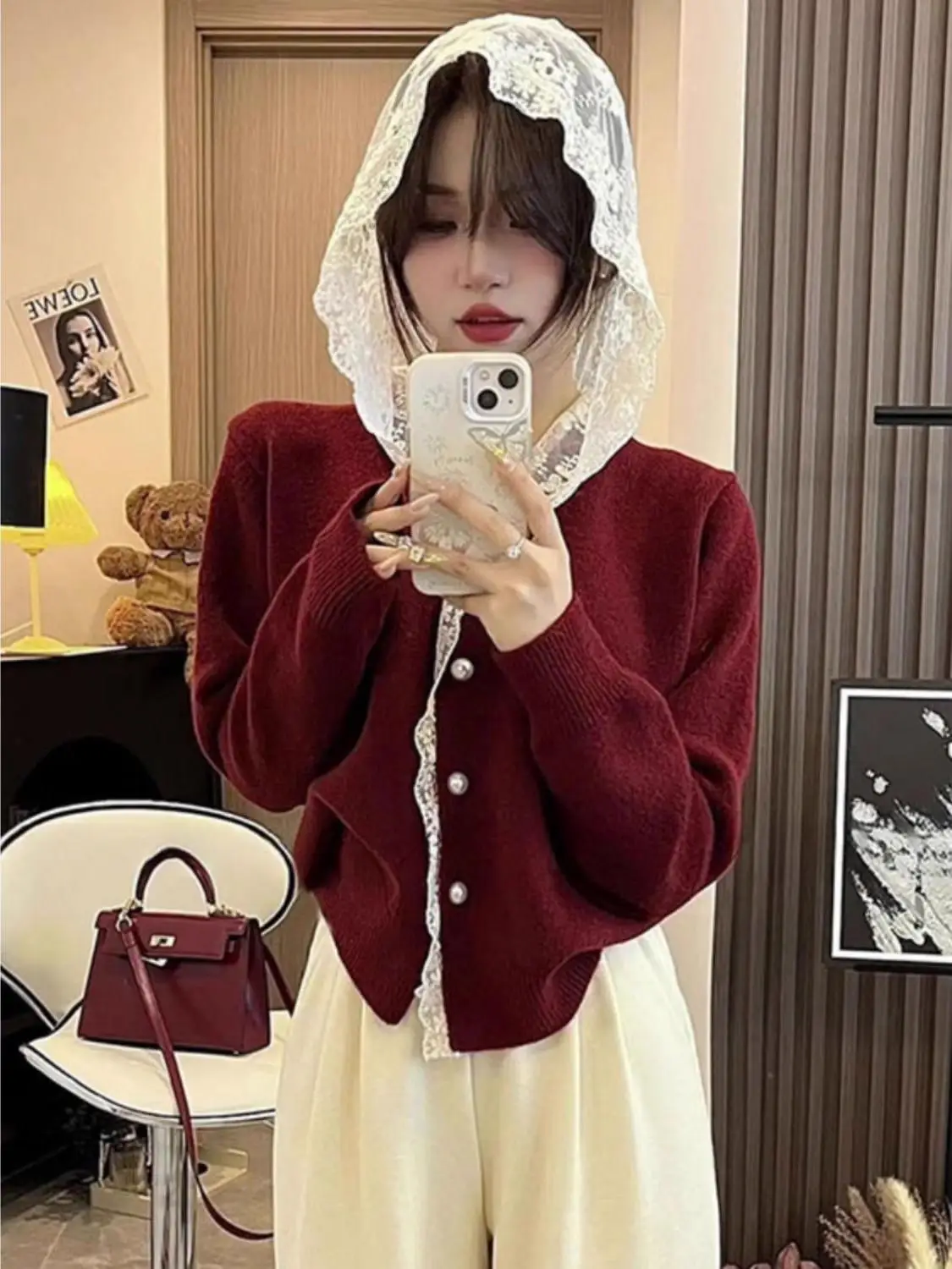 여성용 레이스 스플라이스 긴 소매 니트 스웨터 가을 겨울 신상 루즈 슬림핏 가디건 탑 다용도 캐주얼웨어