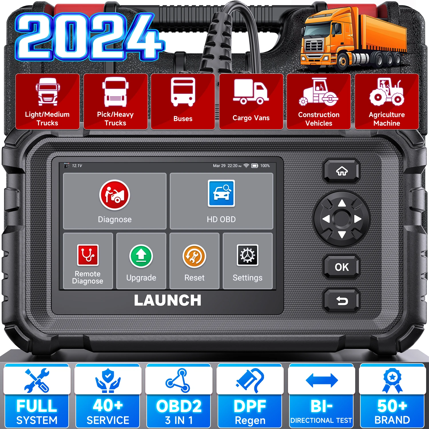 LAUNCH CRP129HD Heavy Duty Truck Diagnostic Tool Bi-directional Commercial Vehicle All System Oil Reset OBD2 Car Scanner