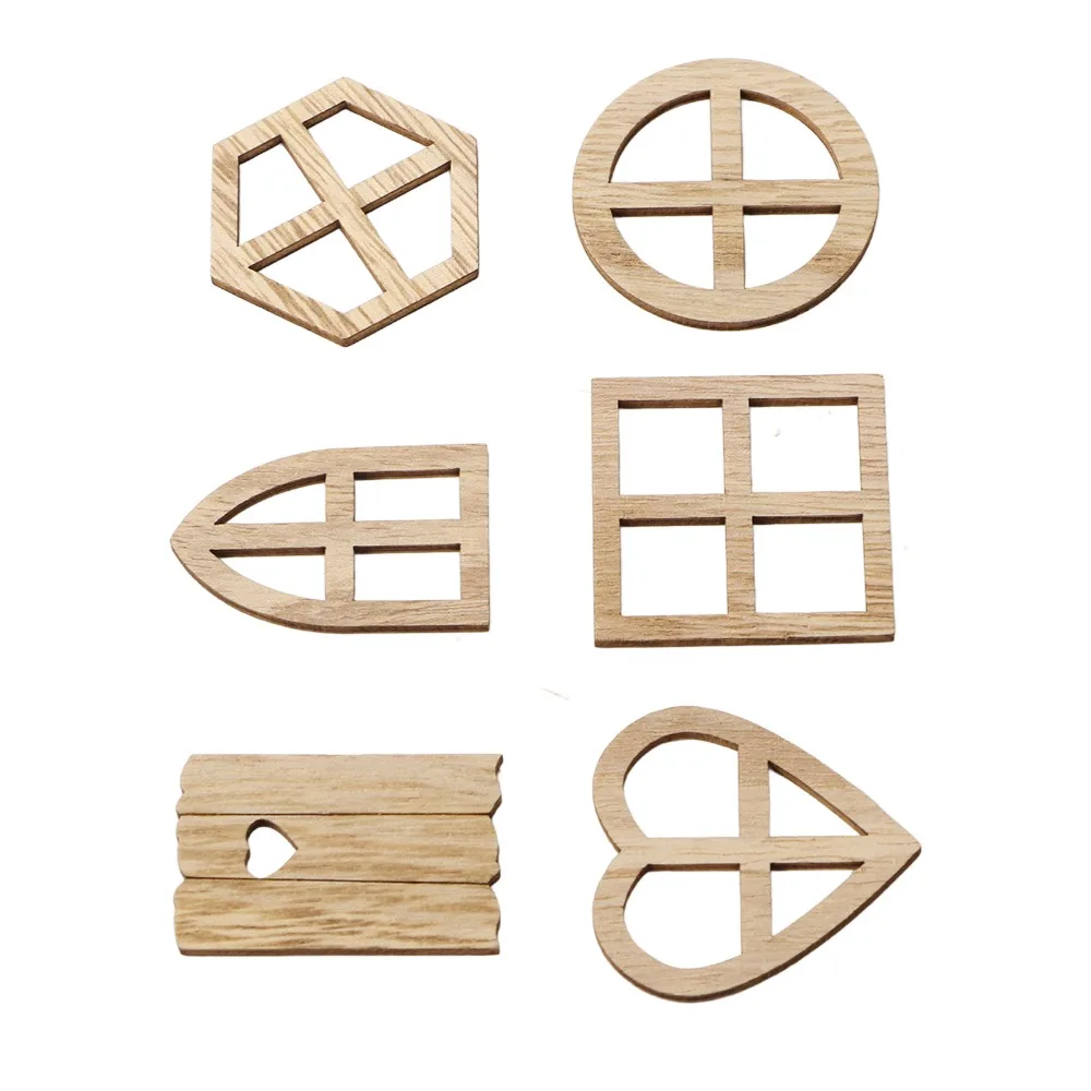 100pcs 6 Designs Wood Window Cutouts Hand Crafted Multipurpose Wooden Miniature Windows Unfinished Wood Slices DIY Projects