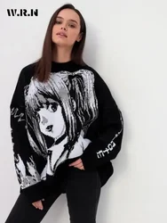 2024 Winter Casual Y2K Knitting Long Sleeve Cartoon Print Pullovers Korean Fashion Women Grunge Punk Style Warm Street Sweater