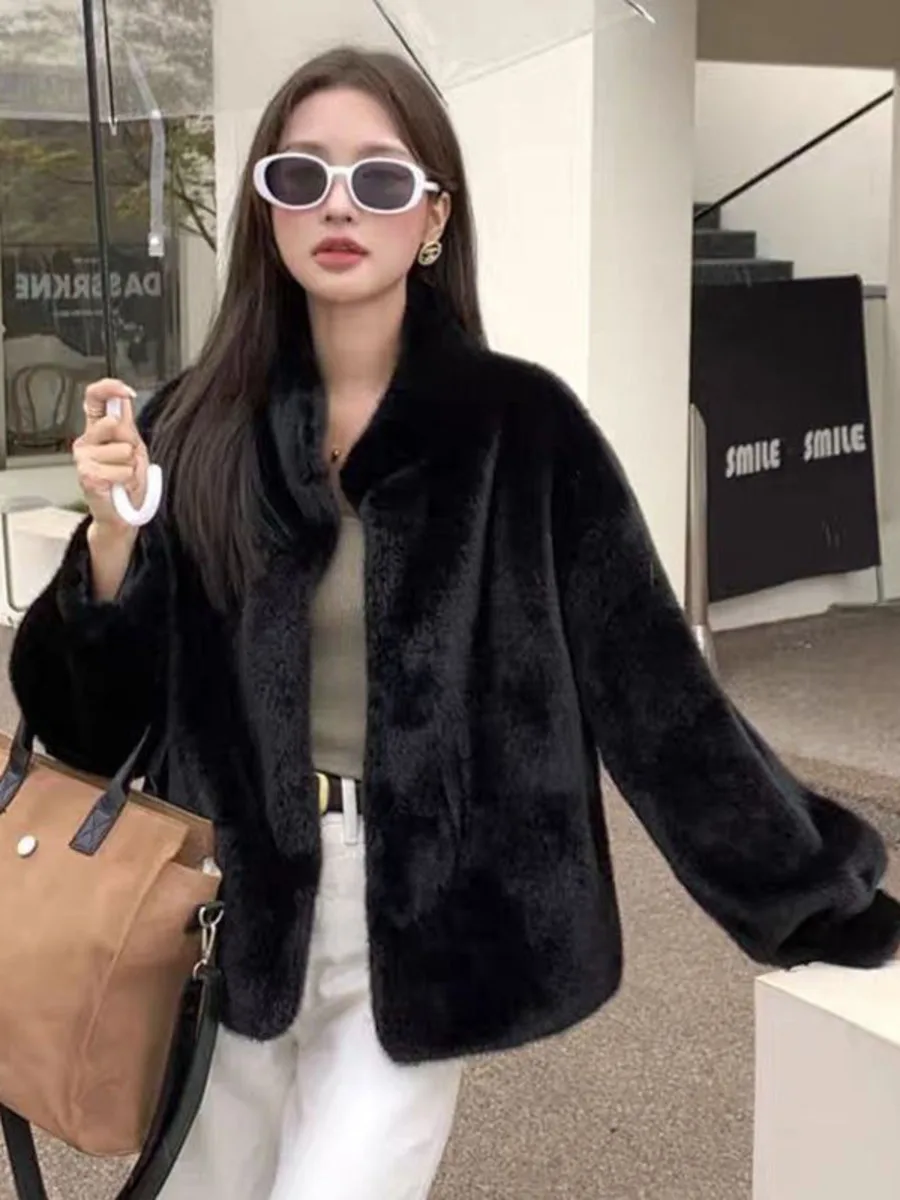 Fur Stand Collar Short Fur Jacket Ladies Long Sleeves Plush Outerwear Women Autumn Winter Female Lamb Wool Faux Fur Coat Tops