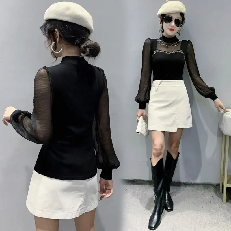 Autumn New Half Height Collar Bottoming Shirt Ladies Net Yarn Diamonds Interior Lapping T-Shirts Elegant Elegant Pullover Tops