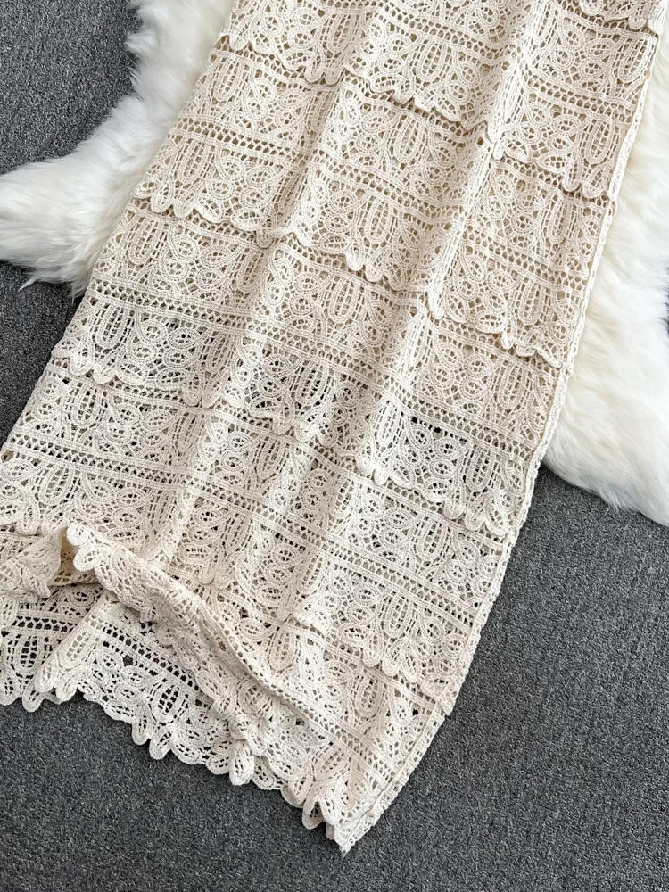 เดรสยาวทรงเอเข้ารูปผูกเอว ผ้าลูกไม้โปร่งลายฉลุ รุ่น Hebe Sle Summer Long Dr Gentle ort Sve V-Ne