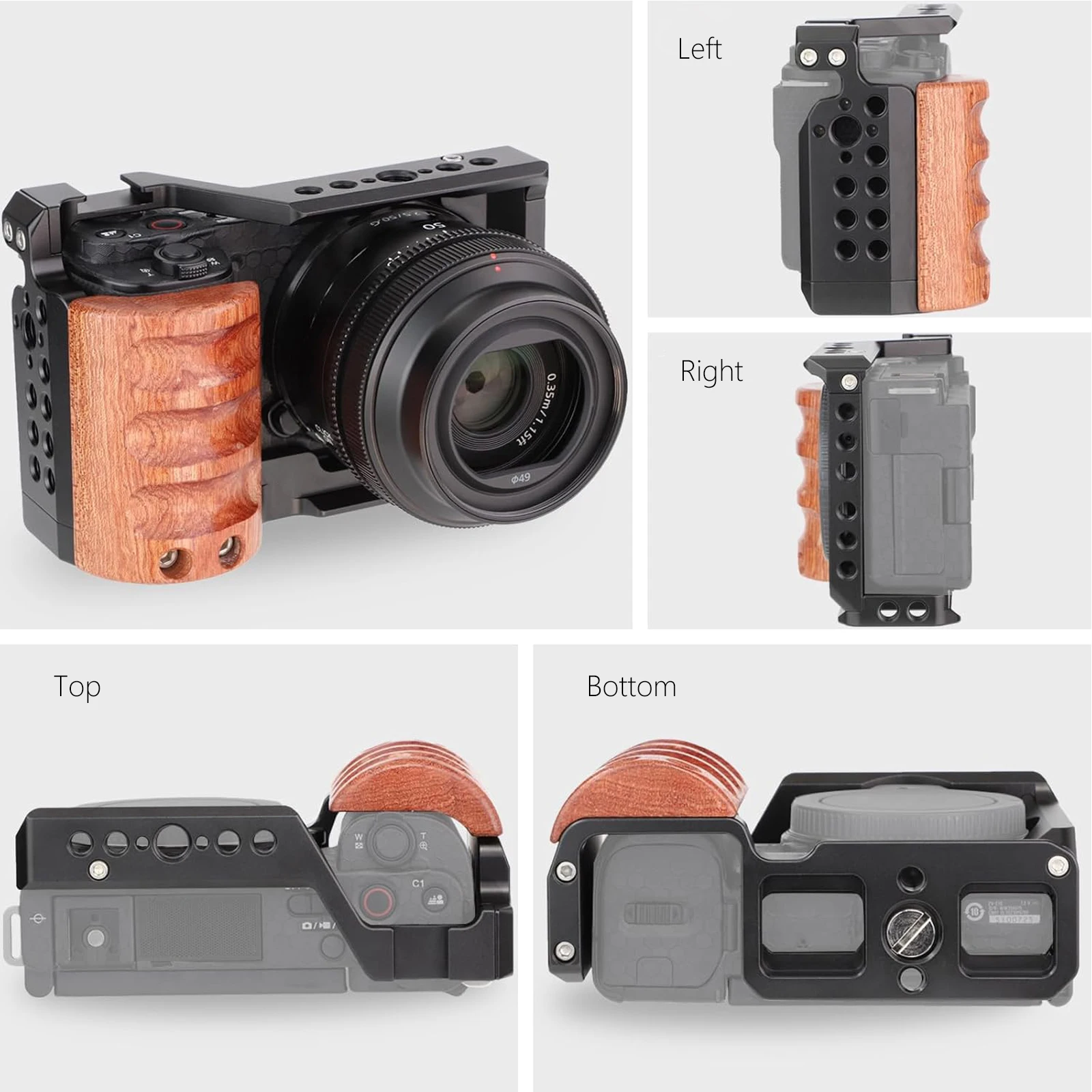 ソニーZV-E10ケージカメラ用Probty木製ハンドル付きコールドシュー、ソニーZV-E10デジタル一眼レフカメラ用ラビットケージサポートブラケット