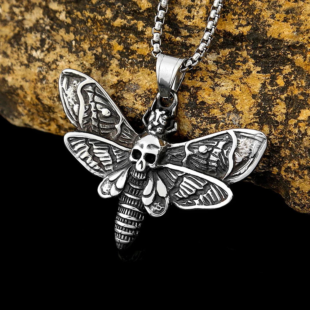Vintage Vintage Punk Death Moth Pendant Necklace Stainless Steel Skull Butterfly Necklace Gothic Jewelry Halloween Accessories