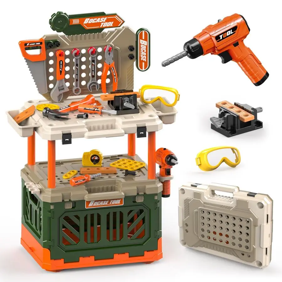 

Скамья для инструментов с электрической дрелью и инструментами для малышей, детский верстак и ящик для инструментов 4 в 1, 90 шт., игрушечный инструмент для ролевых игр