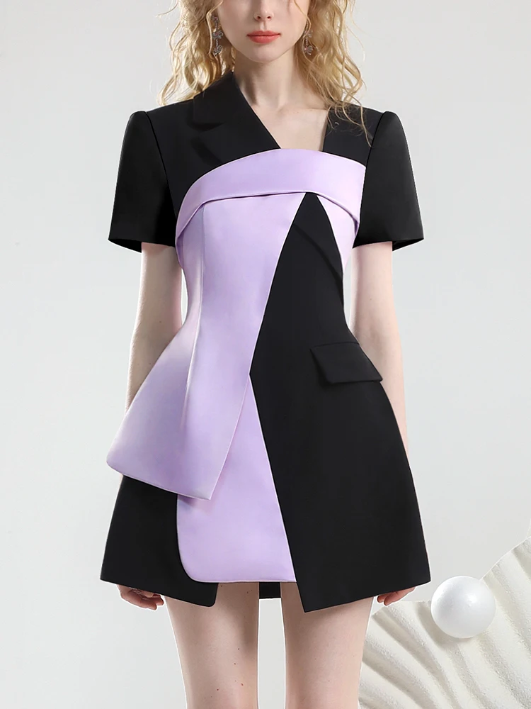 Designer Model Temperament Commute Suit Dress Women Summer New Black Purple Contrast Color Irregular Short Sleeve Dress Street