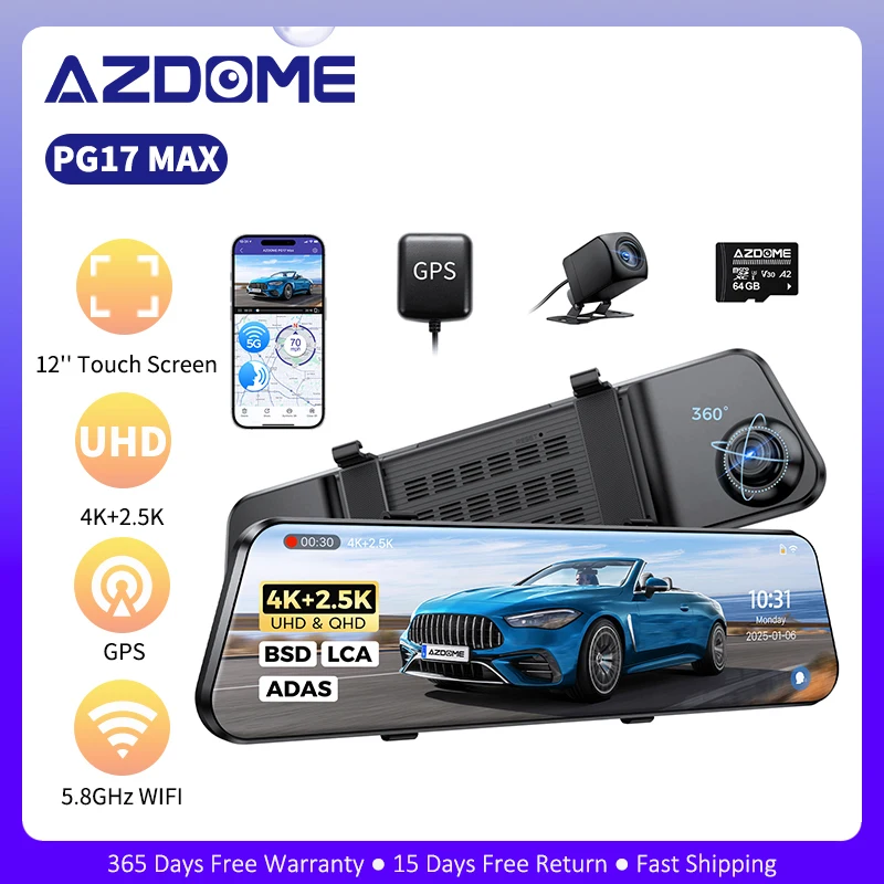 AZDOME PG17 MAX 4K Mirror Dash Cam Front Rear 2.5K Rear Car Camera 5.8G WiFi Night Vision GPS Voice Control 24H Parking Monitor