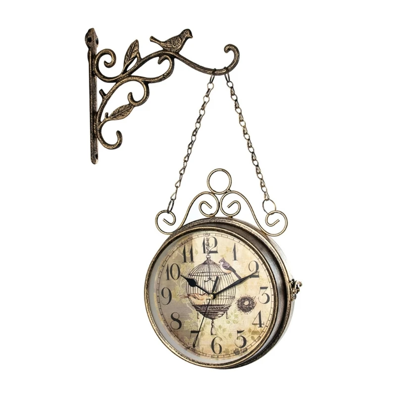 

Y166 Vintage Double Side Silent Wall Clock Metal Hanging Clock Ornaments Art Crafts