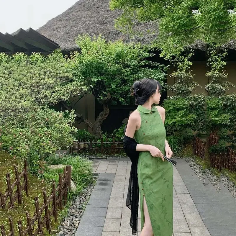 

Лето 2021, Cheongsam зеленого цвета, классическое эфирное лесное Ципао, летнее элегантное улучшенное длинное/короткое женское платье