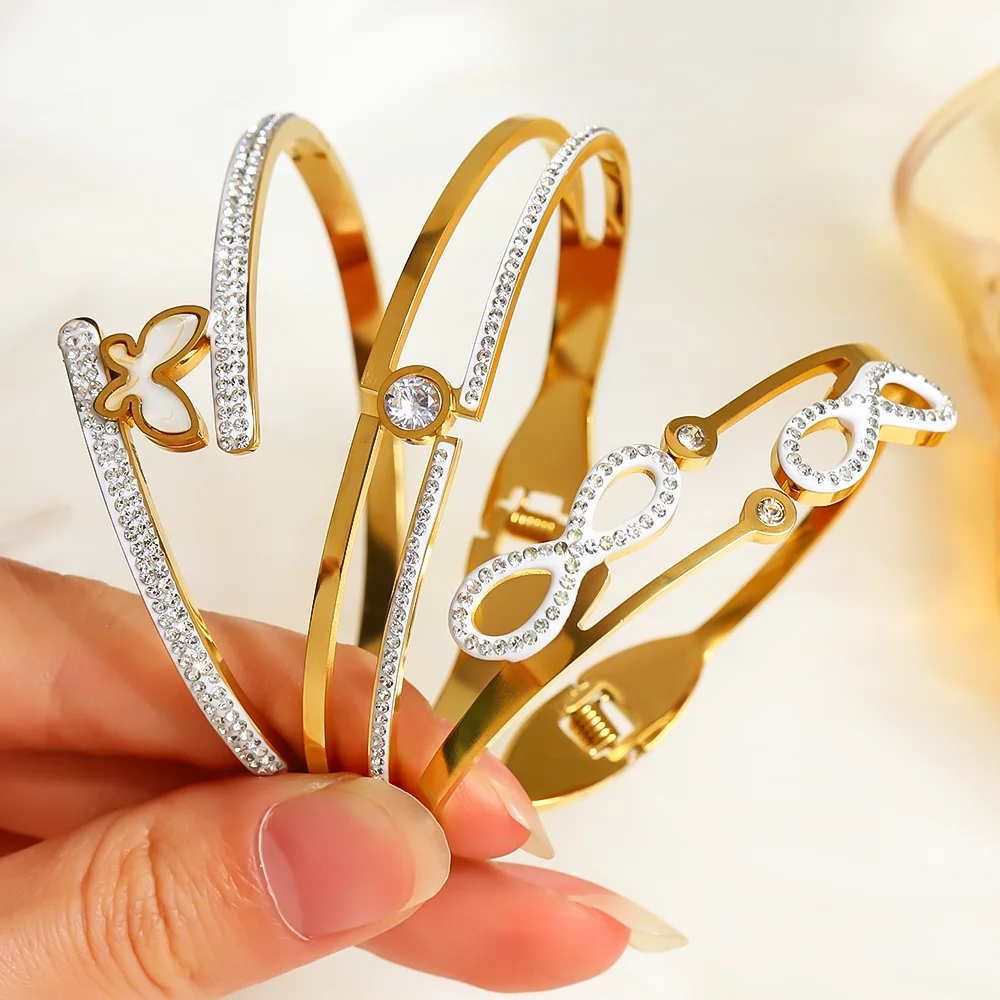 

3Pcs/Set Stainless Steel Gold Color Zircon Cuff Bracelet for Women, Infinite Symbol Butterfly Element Exquisite Jewelry Gift