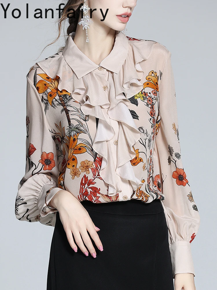 YOLANFAIRY 100% véritable mûrier soie à manches longues chemises femme automne haut à volants léger luxe chemises florales femme hauts à la mode