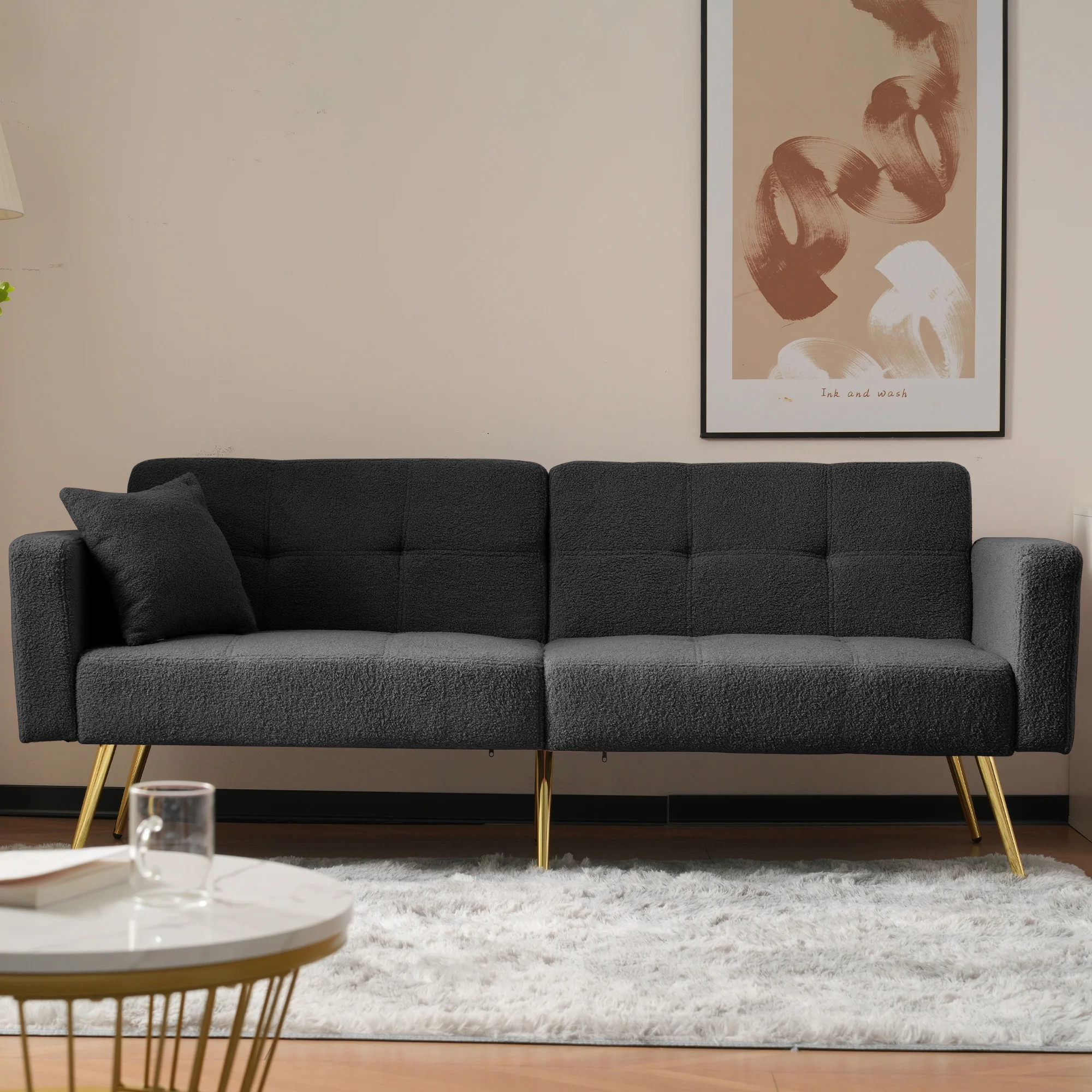 1,75 m langes Schlafsofa, verstellbarer Winkel, mit goldenen Beinen, mit Kissen und seitlichen Aufbewahrungstaschen, langlebiger, stabiler Holzrahmen