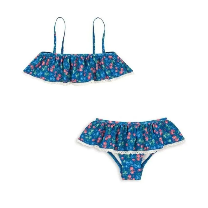 Girls Swimwears Blue Flower Lace One-piece Swimsuit Girl Bikini Set  Kids Beach Swimwear Heart-shaped Bow Baby Swimsuits Bikinis