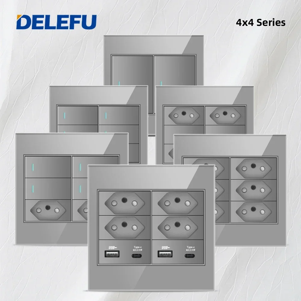 DELEFU 4x4 Fireproof Glass Panel Brazil Standard Outlet Double USB Type C Wall Power Socket Light Switch Office Grey 10A 20A