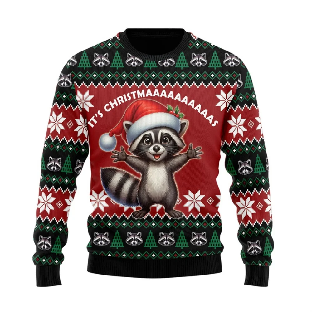 3D Print Mens Sweater Ugly Christmas Tops Funny Raccoon Graphic Pullover Crewneck Sweatshirts Casual Mens Designer Clothes Top