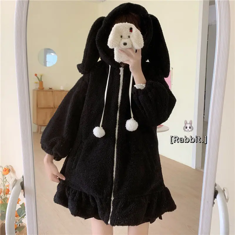 Zip Up Jacket Jacket Women Lolita Teddy Rabbit Ears Hooded Soft Girl Ruffle Faux Wool Coat Lambswool  Cotton Thick Outer New