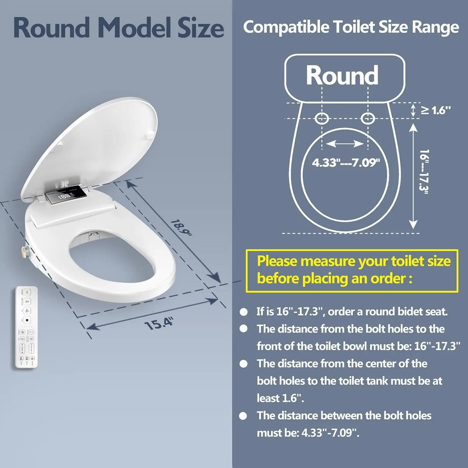 Toilet Seat Round Remote Control, Electronic Heated Seat with Unlimited Bidet Warm Water Cleaning, Warm Air Dryer