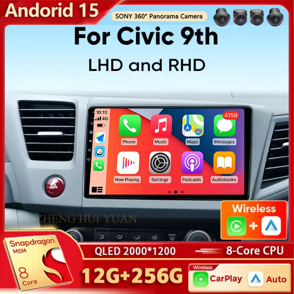 Rádio do carro de android 15 para honda civic 9 th 2012 2013 2014 2015 2016 lhd rhd sem fio carplay android áudio automático carro multimídia 2
