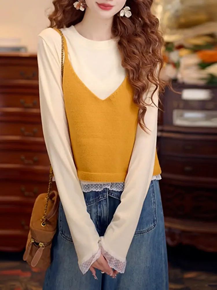 

Retro Hong Kong Sle Women's Long Sve T-irt Lace Patchwork Top Layering Vest Spring Autumn New Arrival Casual Loose Fit