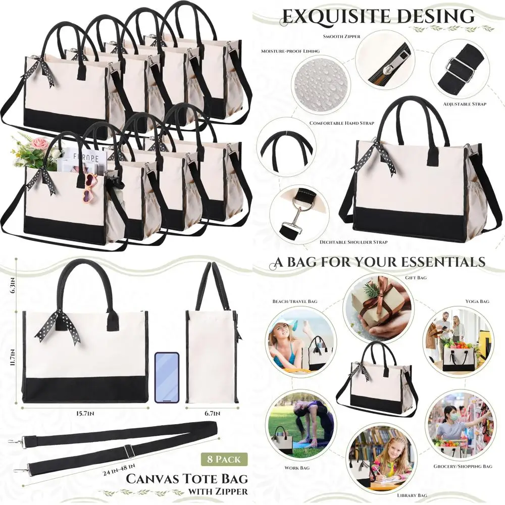 حقيبة قماشية مع أشرطة كتف، 8 عبوات، أبيض وأسود، جيوب بسحاب، مثالية لتسوق البقالة، هدية نسائية، DIY #1