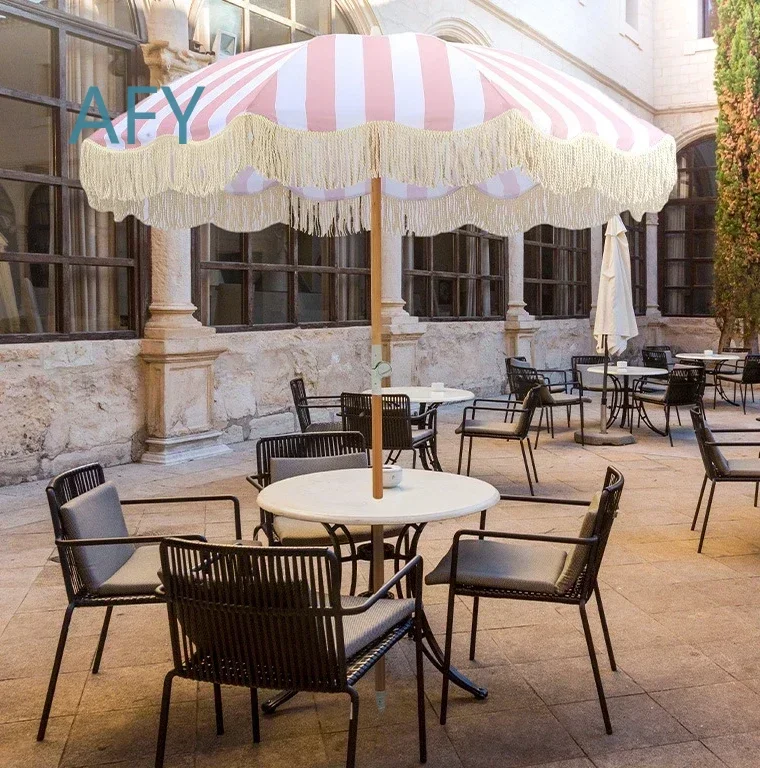 Custom Outdoor Travel Sun Beach Umbrella for 1.8m Luxury 200g Polyester Cotton Tassel Fringe UV Protection Shade Umbrella for