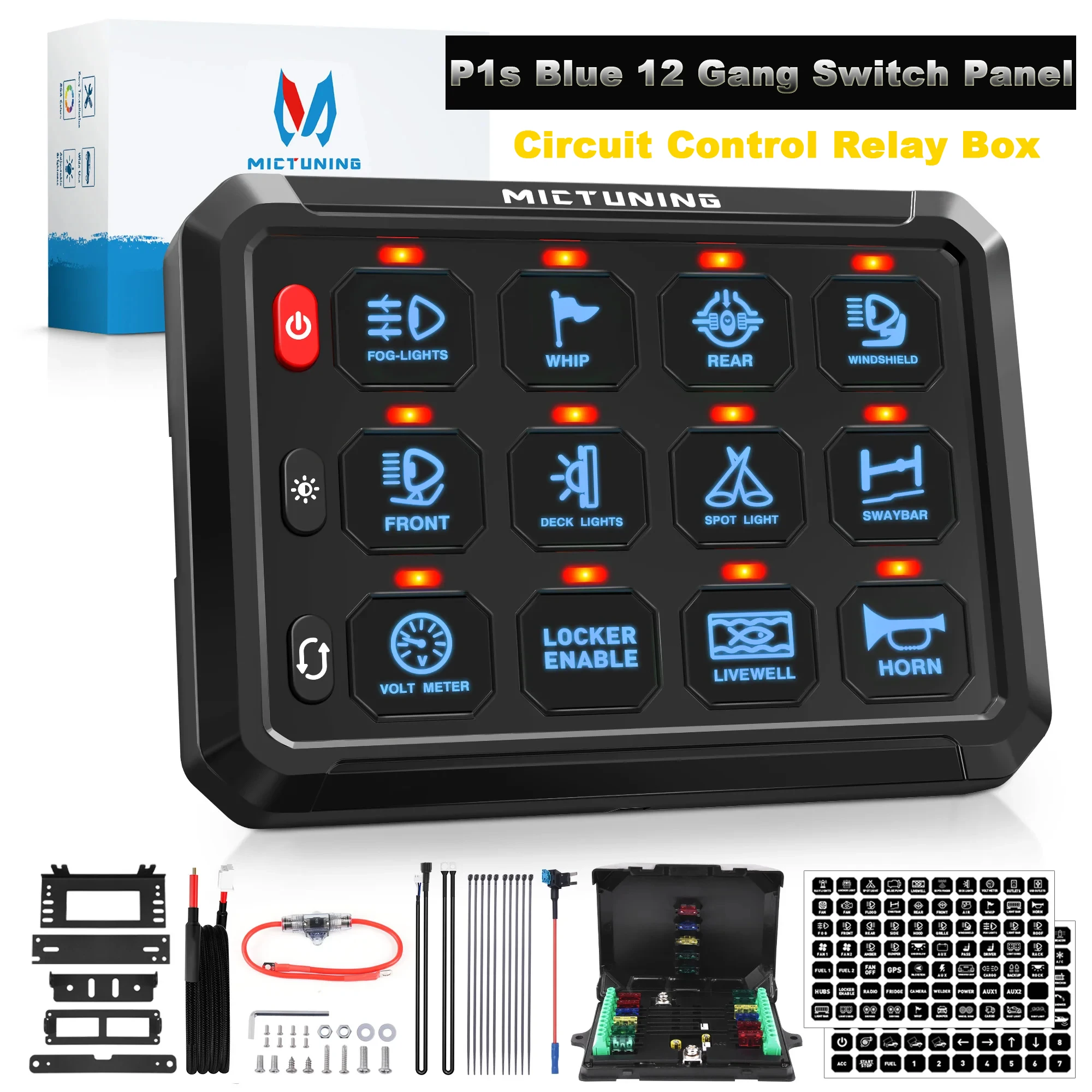 

MICTUNING P1s Blue 12 Gang Switch Panel Circuit Control Relay Box Multifunction 12V 24V Adjustable Brightness for Car Truck SUV