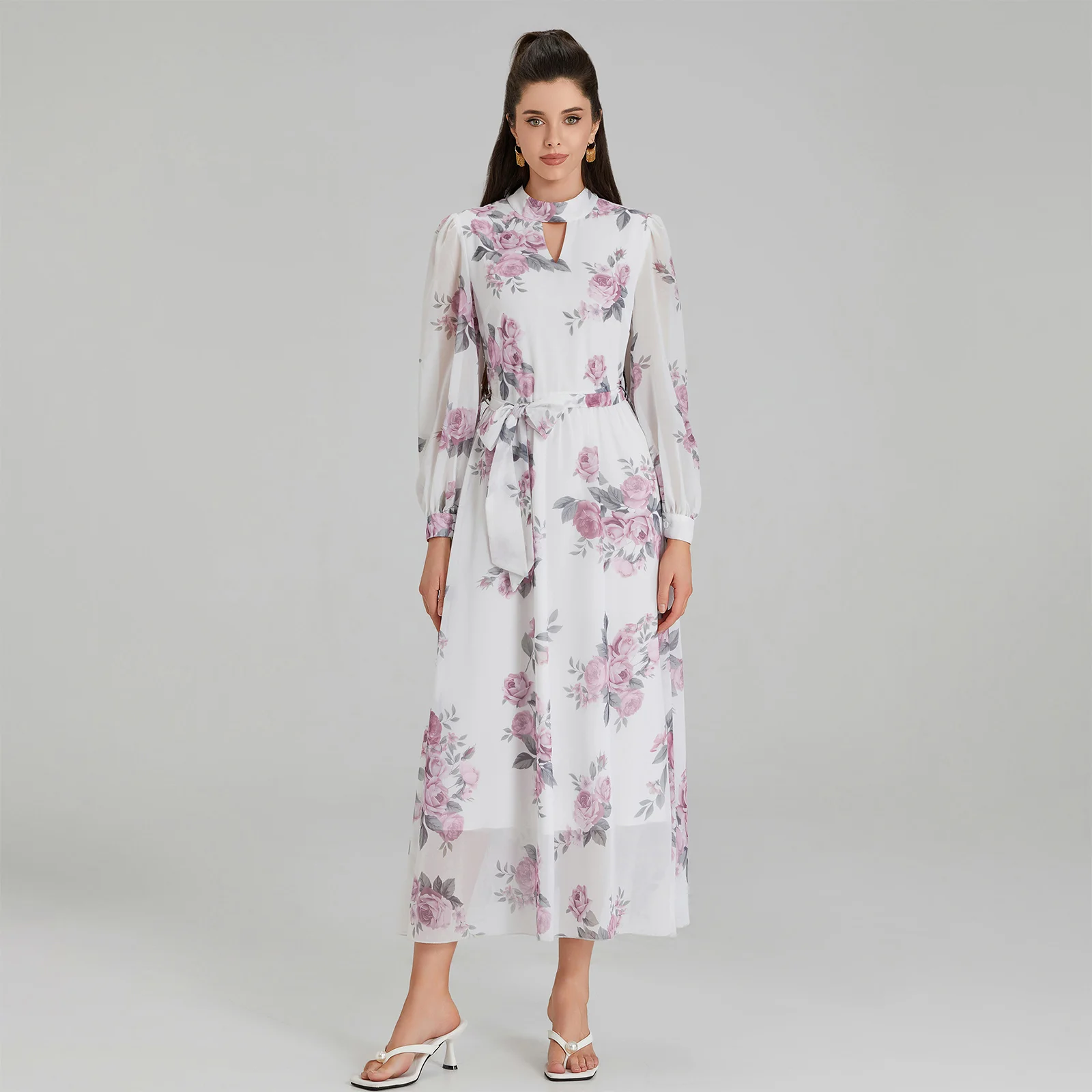 

Women's Floral Print Chiffon Dress Elegant Long Lantern Sleeve Mock Neck Tie Waist Long A-Line Dress