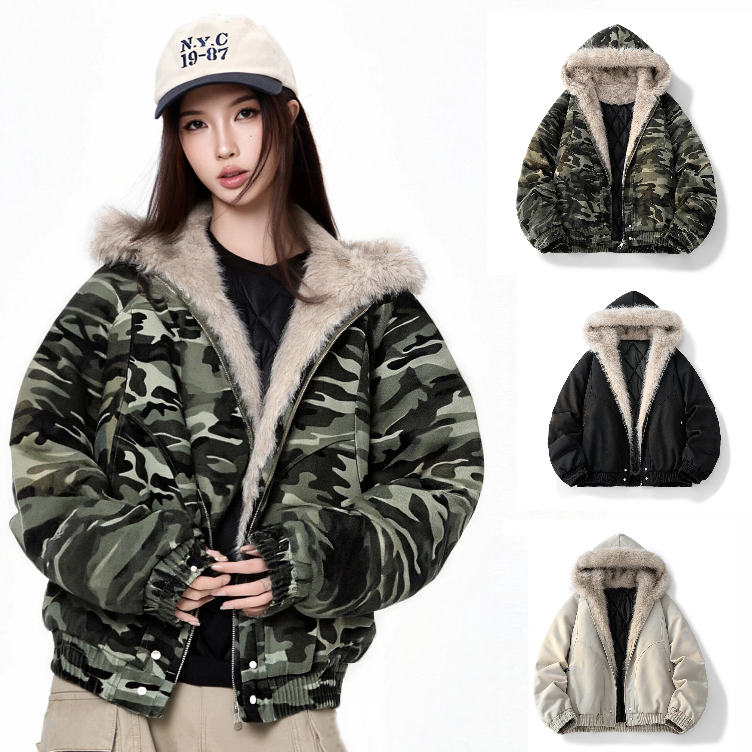 

Зимняя толстая ветрозащитная женская камуфляжная куртка с капюшоном, утепленное теплое пальто, модная повседневная женская одежда, свободная однотонная парка