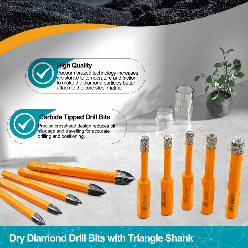 EXFEIN Juego de brocas de diamante, vástago triangular para azulejos, mármol, cerámica, granito, kit de taladro de sierra perforadora, 10 Uds.