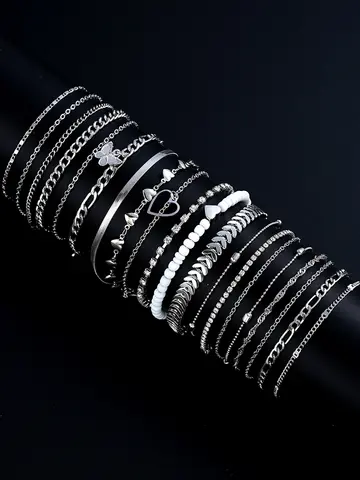 19Pcs/Set New Design Silver Color Anklet Sets for Women Fashion Pearl Butterfly Heart Crystal Foot Chain Versatile Daily Jewelry