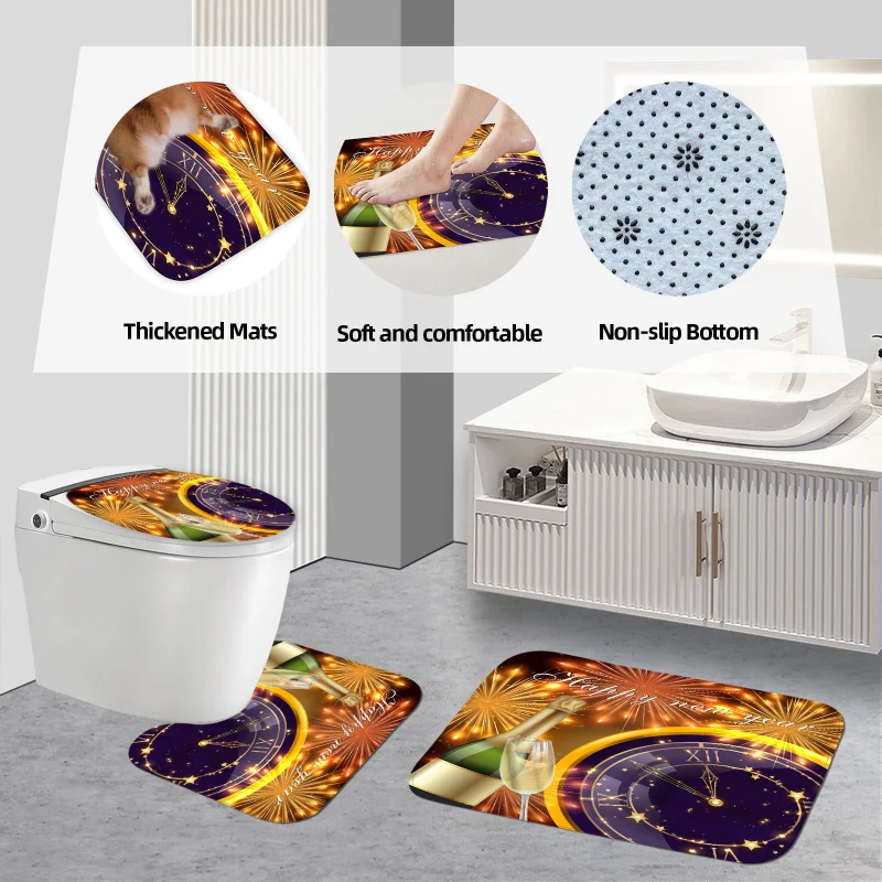 Happy New Year 4pcs Set with Fireworks Design - Includes Waterproof Shower Curtain, Non-Slip Bath Mat, U-Shaped T