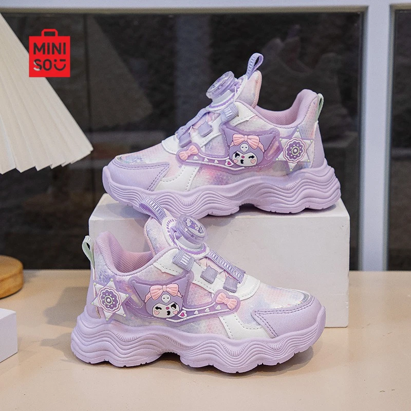 حذاء Miniso 2025 Kuromi للفتيات، نعل ناعم شبكي منسوج وجلد للأطفال والكبار والمراهقين