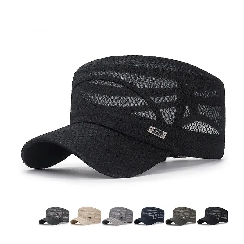 New Iron Label Full Net Breathable Flat Cap For Men Casual Breathable Shade For Summeroutdoor Leisure Sunscreen Hat For Women