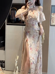 2024 Summer Sexy Split Floral Dress Women Ruffles Design Korean Slim Long Strap Dress Female Casual Beach Vacation Party Dresses