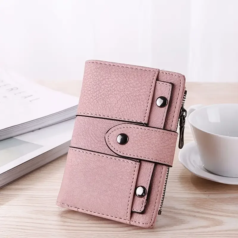 Zipper Small Wallet, Women's Retro Style Faux Leather Fold Wallet With Card Slots & Id Window