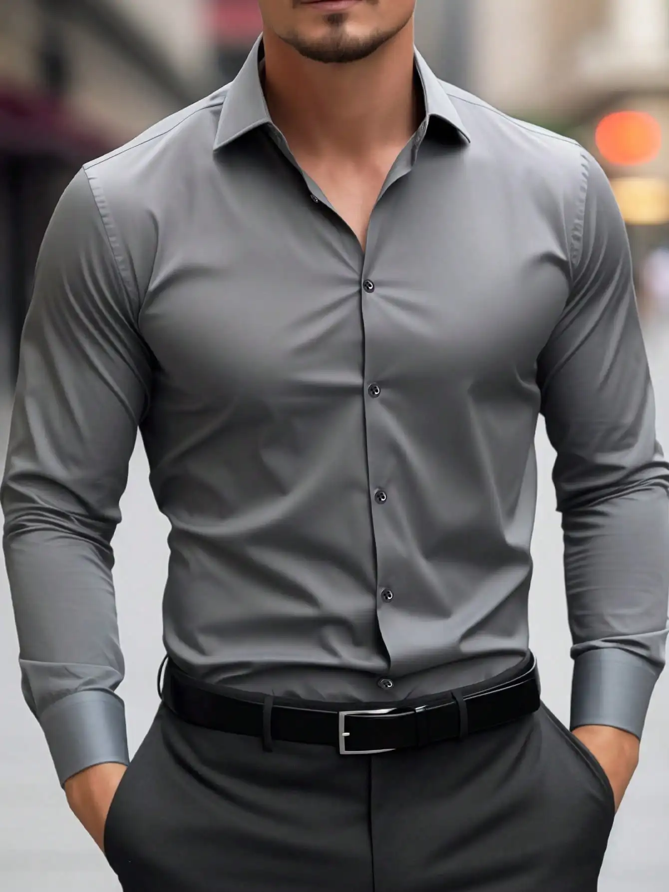 

Men's Long Sleeve Solid Gray Slim Fit Business Dress Shirt for Fall