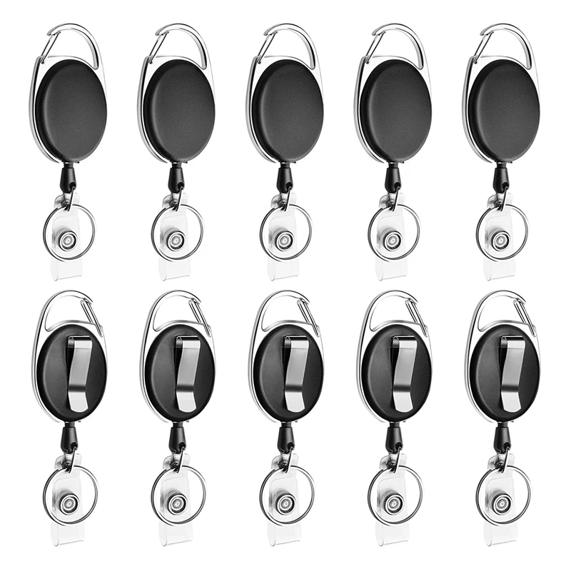 10 Pack Retractable Badge Reel With Carabiner Belt Clip And Key Ring For ID Card Key Keychain Badge Holder Black