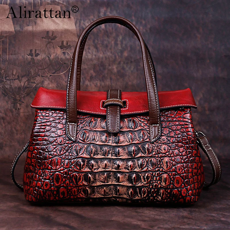 

Alirattan Handbag 2024 New Bags for Women Head Layer Cowhide Embossed Crocodile Pattern Retro One-Shoulder Messenger Wholesale