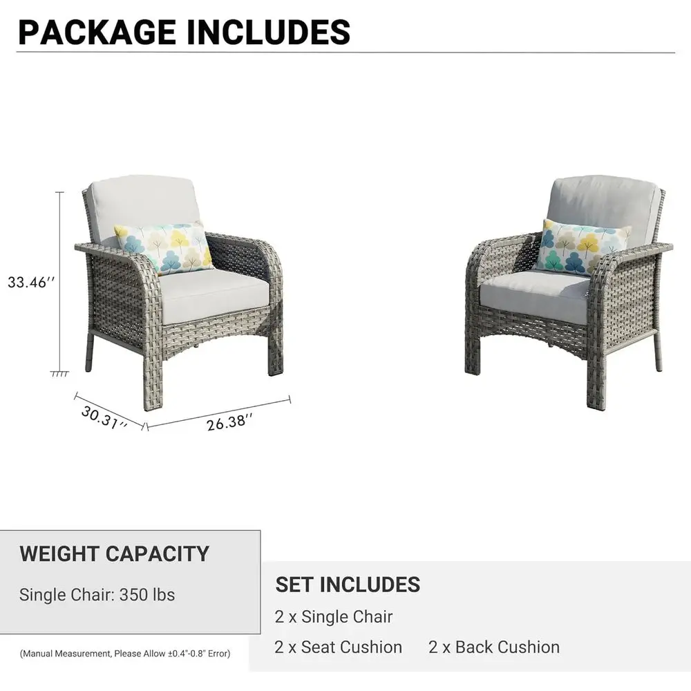 Juego de bistró de mimbre para exteriores de 2 piezas con respaldo alto y sillas grises para todo tipo de clima