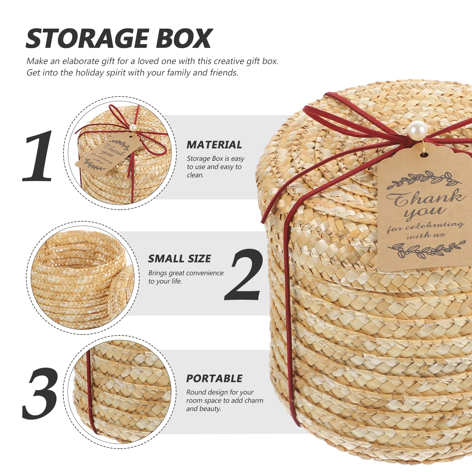 

Decorative Round Woven Storage Box Lidded Multi-Use Organizer Sundries Desktop Storage Basket Office Organizing