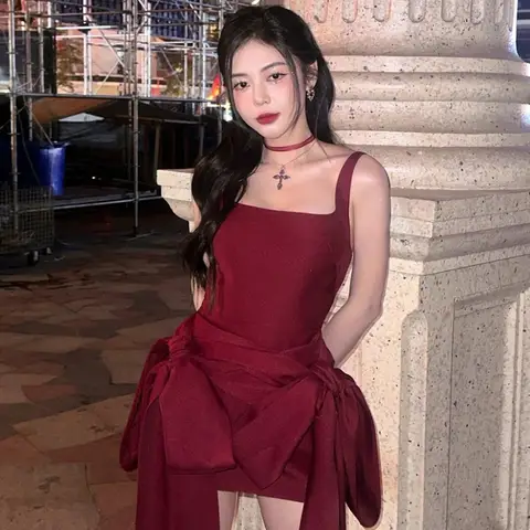 SylCue Mini-jurk met strikversiering Dames U-kraag Rugloos Mouwloos Mager Perzik Heup Kerstfeest Zoete stijl Elegante bodycon