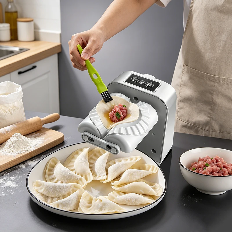 Automatic Electric Dumpling Maker Machine Rechargeable Household Dumpling Press with Spoon Brush for Empanada, Ravioli, Wonton