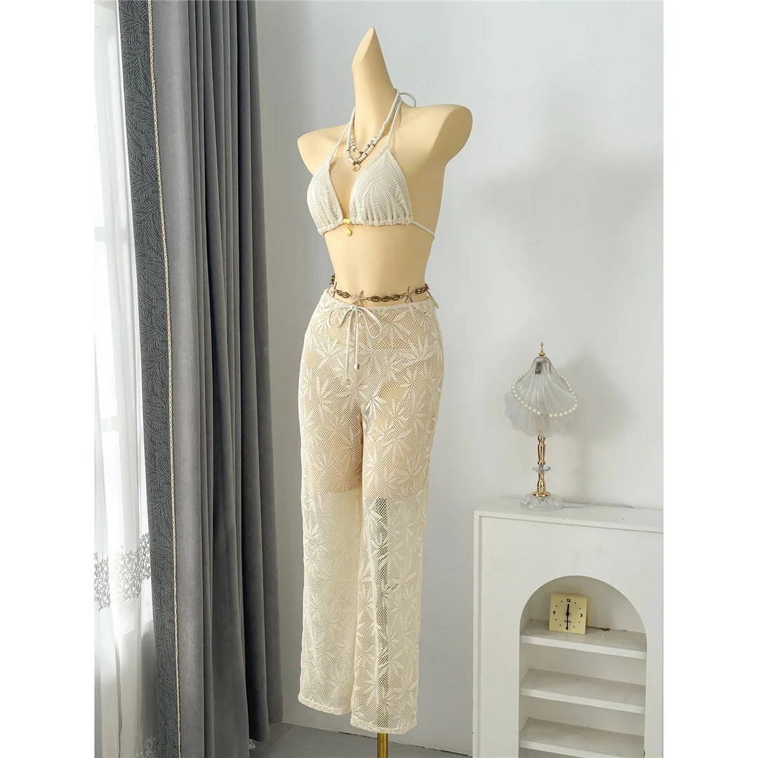 Mit Hosen, Blättern und Halterneck-Bikini, Damen-Badeanzug, dreiteiliges Bikini-Set, Badebekleidung, Badeanzug, Schwimmanzug V8164 – Detail 15