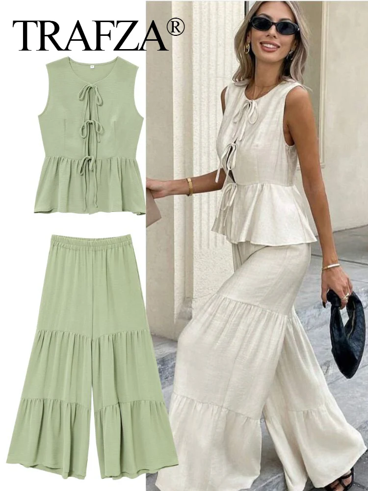 

TRAFZA 2025 женские комплекты из 2 предметов со штанами, летние элегантные жилеты без рукавов на шнуровке, топы + свободные расклешенные брюки, женские офисные костюмы